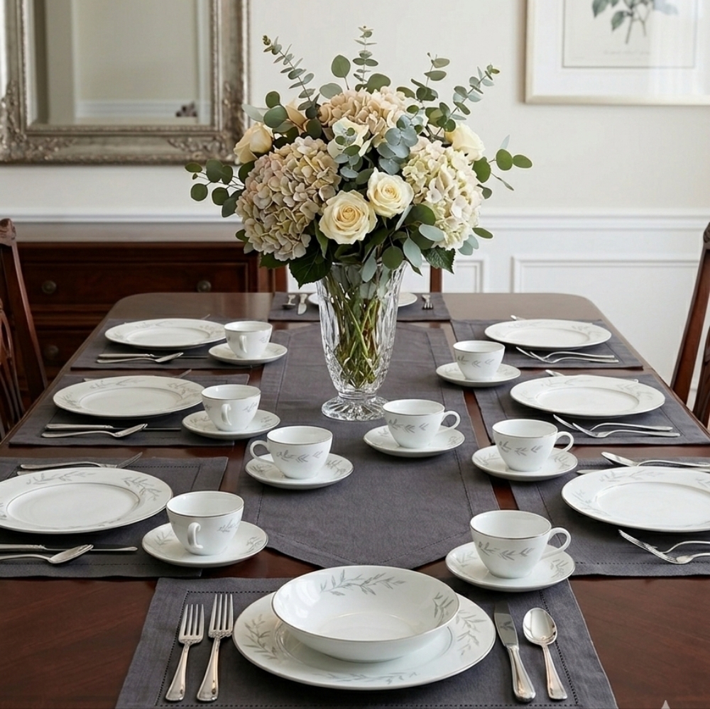 Vintage St Regis White Porcelain Dinnerware Set‎ with Subtle Leaf Motif - 19 PC